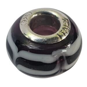 Bacio Murano Glass Sterling Silver 925 Burgundy White Marble Bracelet Charm Bead